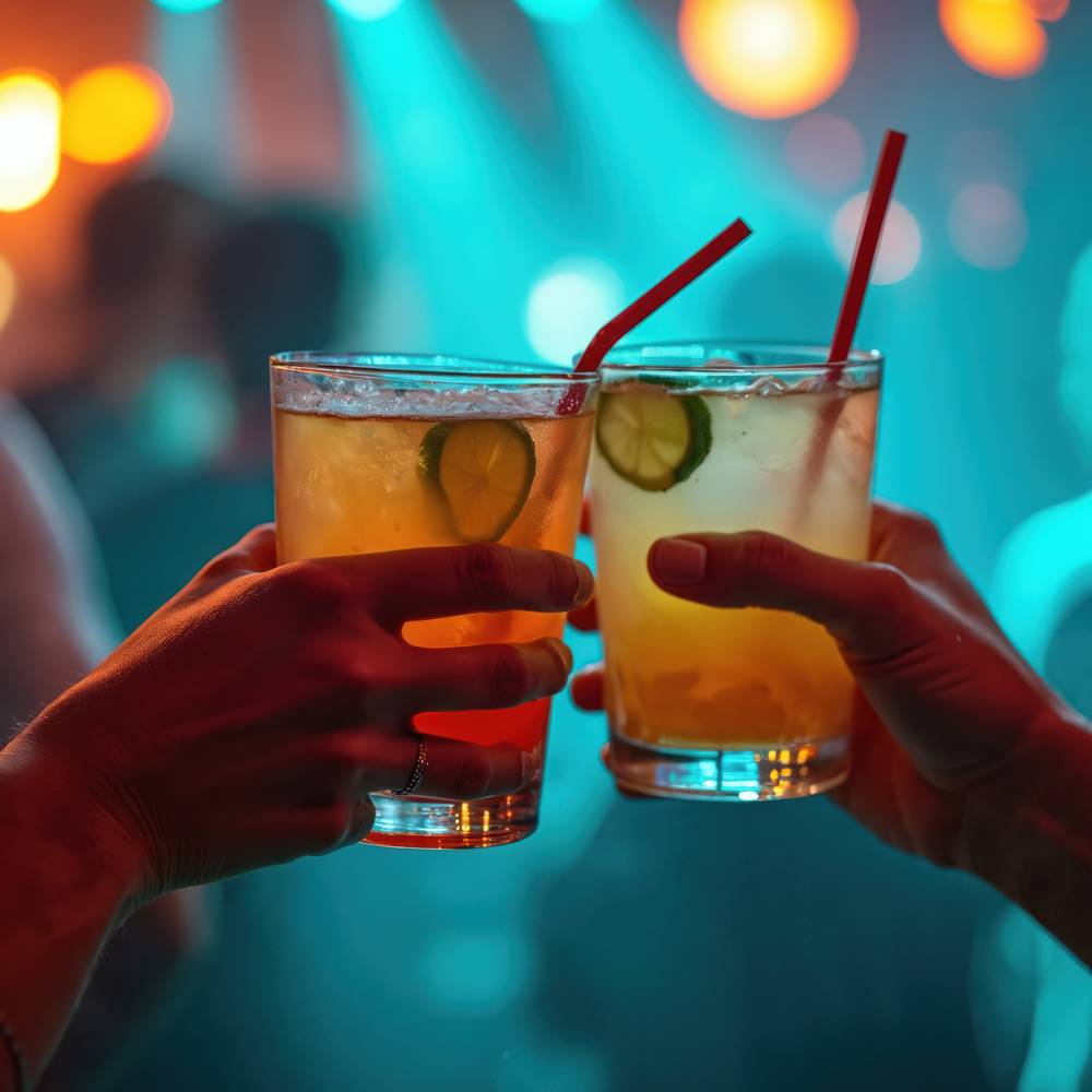 Two people clink glasses with cocktails in vibrant nightclub setting. Friends celebrate at party, enjoying drinks, music. Colorful lights illuminate scene, creating festive atmosphere for dancing, Two people clink glasses with cocktails in vibrant nightclub setting. Friends celebrate at party, enjoying drinks, music. Colorful lights illuminate scene, creating festive atmosphere for dancing